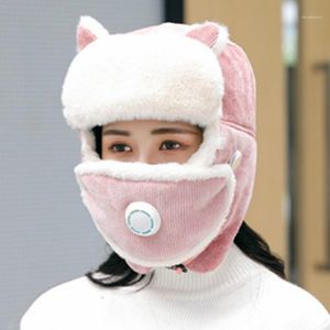 Beanie Skull Caps Mode Winterhüte für Frauen mit Atemmaske Hut Mädchen Fügen Sie Pelzgefütterung warmer Pilotstil HAT1 312Q