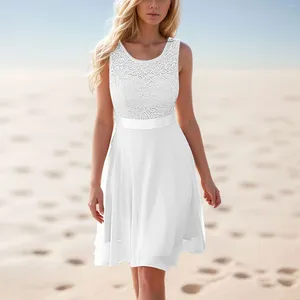 Vestidos casuais vestidos de renda de verão vestido de vestido para mulheres com cintura de coragem sólida vestido branco de férias de férias na praia