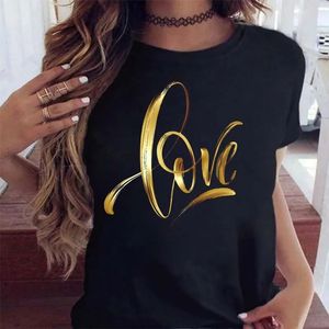 Womens 3D Tshirt Gold Letter Love Printed Sleeved Top Girl Black Discal 240527