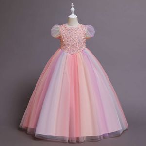4 färger 110 cm-160 cm europeiska och amerikanska barn klär flicka kort ärm sequined prinsessa golvlängd prestanda vestidos l2405