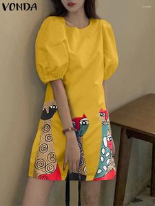 カジュアルドレスvonda 2024ボヘミアン女性ファッションミニドレス半袖サンドレスビンテージプリントラウンドネックルーズホリデーベスティドスローブ