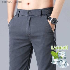 Herrbyxor Summer Thin Lyocell Casual Pants For Mens Fashionable Elastic Midj mjuk och bekväm smal passform rak affärsbyxor svart grå kaffe Q240529