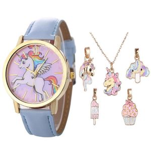 Titta på fysisk skytte Fashion 6st Cartoon Children's Unicorn Dial Belt Quartz Necklace Valfri kombination Set 2596