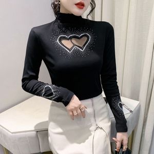 Women Stand Collar, maniche lunghe, strass sexy primaverili e autunnali, maglietta per motivi d'amore di colore nero scavato, maglietta mlxlxxl3xl