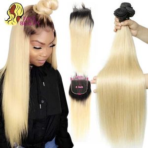 Волосы утечка Facebook 4x4 Кружевное закрытие пучка ремня 3 4 Remy Brazilian Straight Ombre 1B 613 Blond Croap Strap 4x4 Закрытие кружева Q240529