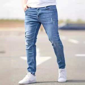 Mäns jeans män denim rippade mager stretch vintage breda ben byxor casual soild manliga kläder streetwear byxor