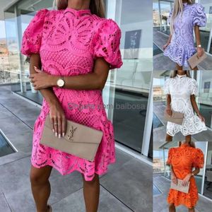 2024 Designer Womens Lace Dresses New Sexy Hollow Out Water Soluble Commuter Short Sleeve Dress