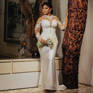 2024 Sexy Mermaid Wedding Dresses Jewel Neck Lace Appliques Crystal Beads Pearls Long Sleeves African Vestidos De Novia Bridal Gowns Africa Robes Mariee Plus Size
