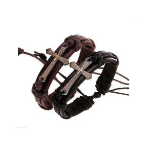Очарование браслетов Винтажные кожаные браслеты металлический крест Иисус Регулируемый восковой шнур для мужчин.