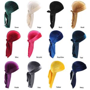 Unisex Velvet Durag Long Tail and Wide Straps Waves for Men Solid Wide Doo Rag Bonnet Cap Comfortable Sleeping Hat Wholesale Y21111 293a