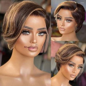 Pixie Cut قصيرة بوب 13x4 الدانتيل البشري شعر مستعار تسليط الضوء على ألوان الشفافية للنساء 4/27 مستقيم برازيلي