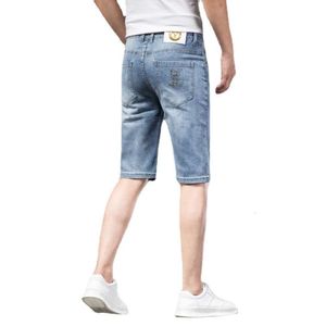 European Station New Summer Light Denim 5-punkts shorts, Slim Fit, elastiska små fötter, Hong Kong modetiketttryck mode