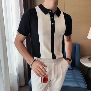 British Style Summer Fashion Color Matching short sleeve POLO Shirt Men High Quality Knitted Slim Fit Lapel Button Tee Shirt Top 240529