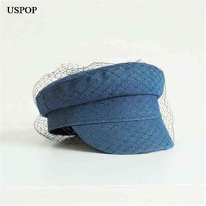 USPOP Brand Designer Fashion Autumn Winter Caps Women Mesh Yarn Newsboy Caps Flat Denim Caps AA220304 255l