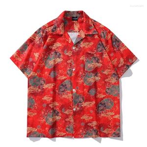 Camicie casual maschile stampato pieno stampato rosso hawaiano estate abbottoni giù collare vintage street for man