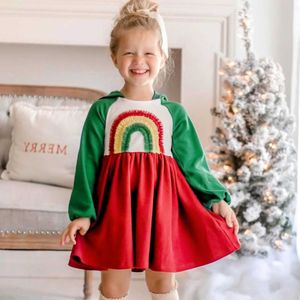 Girl's Dresses 2024 New Kids Girl Dress Autumn and Winter Girls Long Sleeved Hooded Contrast Rainbow Mesh Dress Casual Dresses 3 4 5 6 7 Years Y240529