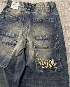 Męskie spodnie Y2K Trendy High Street Large Pocket Straight Pocket Mens American Printed Oversiase Dżinsy Harajuku Casual Wide Leg Pants Womens Q240529