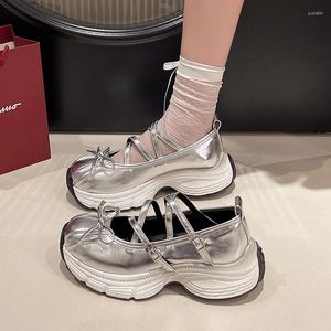 Casual Shoes Bow Daddy for Women Summer Hollow Platforme Sneakers Silver Oddychający sporty sandały wulkanize sandały