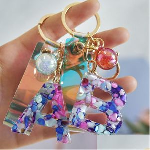 Key Rings Initial Acrylic Chains Fashion A-Z Letter Glitter Resin Pendant Car Keychains Strap Beads Keyring Holder Women Bag Charms D Dh8F6