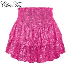 Spódnice damskie dziewczęta cekiny Warpana spódnica swobodna solidna kolorowa strona wbudowane szorty A-line minisplatek moda mody streetwear