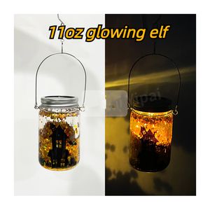 Tom Sublimation Waterproof 11oz Solar Lights Mason Jar Glowing Elf Glass Can Wind Spinner med tråd hängande handtag för trädgård uteplats veranda gräsmatta dekor