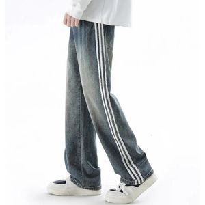 Autumn Winter American Striped Loose Jeans Men Students Loose Straight Wide Leg Long Pants Pocket 240516