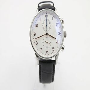 Rabat White Dial Limited Watch Męskie Złote Wskaźnik ze stali nierdzewnej zegarki Stalowe zegarki Czarne skórzane paski 244b