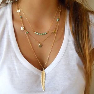 10Pcs Lot Summer Style Jewelry Fashion Women's Multi Layered Necklace Feather Round Sequins Charm Pendant Turquoise Necklace Gold Silve 217u