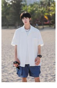 Men's Casual Shirts Hanging Collar Short Sleeved Shirt For 2024 Summer Japanese Loose And Handsome Youth Jacket