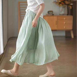 Pearlescent glass gauze skirt medium length water light gauze wrinkle analysis pleated skirt across the skirt thin elastic waist A-line skirt