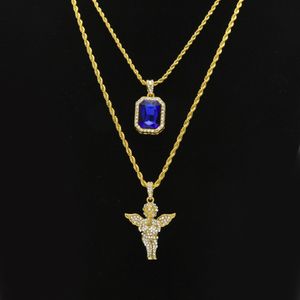 Mens hiphop smycken sätter mini fyrkantiga rubin safir full kristall diamant ängel vingar hänge guldkedjor halsband för manlig hiphop juvel 189u