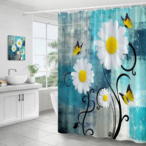 Butterfly Floral Shower Curtains White Daisy Flower Blue Grey Grunge Style Art Polyester Cloth Bathroom Curtain Decor with Hooks