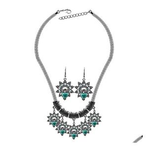 Earrings & Necklace Vintage Turquoise Statement Necklaces Earring Sets For Women Jewelry Owl Pendant Dangle Chandelier Drop Delivery Dhf5C