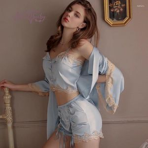 Home Clothing Sexy Bathrobe Pajamas Lace Embroidery Pleated Sleep Tops Shorts Solid Color Cardigan Women's Homewear Dressing Gowns Silk Robe