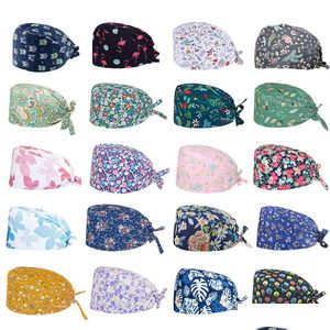 Beanie/Skull Caps Scrub Cotton Hat Floral Bouffant Sanitary Nurse Cap With Sweatband Owl Fox Bird Dog Leaf Star Printing Nursing Docto Dhqoz