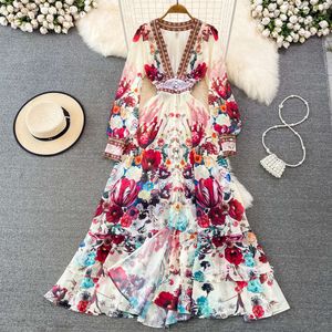 Spring and Autumn Palace Style Temperament Deep V-neck Waist Slim Single breasted Printed A-line Dress Elegant Large Swing Long Dress