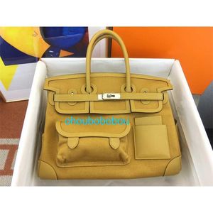 Маты BK Cargo Bag Sesame Canvas Кожаная сумочка грузовая платиновая сумка 35 см ручной ручной работы в ручной ручной линейке холст Splice Swift Leather Yellow Silver с логотипом OH36