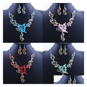 Earrings & Necklace New Crystal Butterfly Flower Statement Necklaces Dangle For Women Europe And America Bride Wedding Engagement Cho Dhd5L