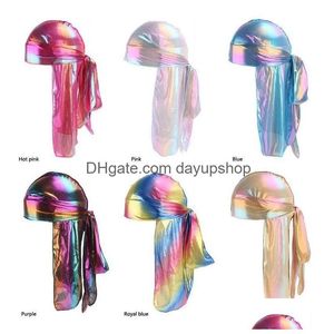 Шапочка/кепки для черепа модные мужские блеск шелковой шелк Durag Bandana Headwear Colorf Men du Rag Wigs Turban Doo Headds Hat Hat Hair Derp Del Dh19e