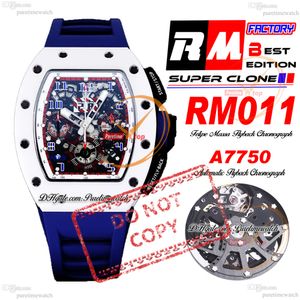 Felipe Massa 011 Automatisk flyback ETA A7750 Chronograph Mens Watch RMF White Ceramics Case Skeleton Dial Blue Rubber Strap Super Edition Puretime Reloj Ptrm