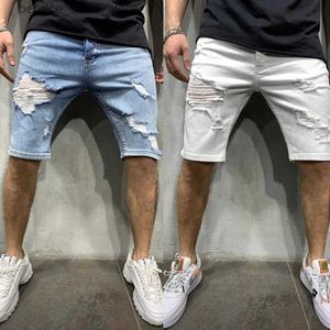 Mäns shorts perforerade män denim shorts rippade jeans europeiska och amerikansk stor storlek vit tight trendiga streetwear mens korta byxor q240529