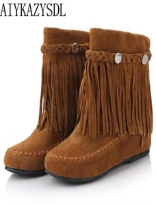 Boots Aiykazysdl Bohemian Gypsy Boho العرقية الوطنية للنساء شرابة Faux Suede Leather Boots Girl Girl Flat Shoes Boot285350