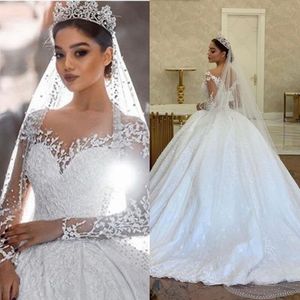 Dubai Princess Ball Gown Wedding Dresses 2024 Long Sleeves Lace Appliques Beaded Gorgeous Bride Wedding Gowns Ivory Vestido De Novia Court Train