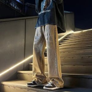 American Retro Brown Haftowane gradient dżinsy męskie ulicy Hip-hop proste luźne presie swobodne spodnie męskie spodnie męskie odzież 240528