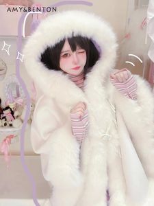 Women's Jackets Lolita Cloak Thickened Wool Coat Women Winter Japanese Sweet Cute Plush Flared Sleeves Lace Up Warm Kawaii Hooded