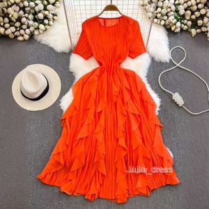 Gentle Wind Fairy Long Dress Celebrity Temperament Three Mansions Pleated Round Neck Slim A-line Ruffle Edge Dress Summer