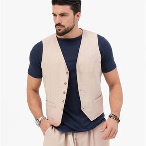 Manliga västbyxor v-hals fast knapp Cardigan Waistcoat Summer Leisure Linne Set Herrkläder Traje de Hombre Elegante 240515