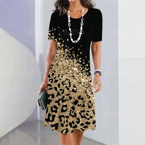 Casual Dresses Summer Leopard Colour Clash Long Dress Retro Women's Clothing Loose Round Neck A-Line Skirt Short Sleeves Woman