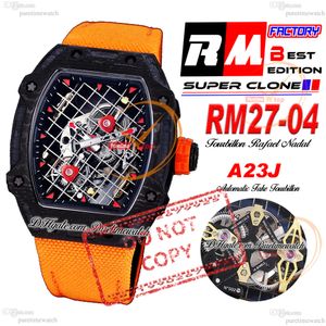 27-04 Rafael Nadal A23J Automatiska män Titta på RMF Black Ntpt Carbon Tennis Racket Skeleton Dial Red Markers Orange Nylon Strap Super Edition Puretime Reloj Hombre Ptrm