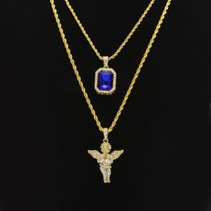 Mens Hip Hop Jewelry Conjuntos Mini quadrados rubi safira completa Crystal Diamond Angel Angel Wings Pingente Gold Chain colars para masculino Hiphop Jewel 224i